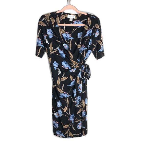 Motherhood Maternity Pastel Blue Flower Leaves Black Wrap Dress Size Small - Picture 1 of 7